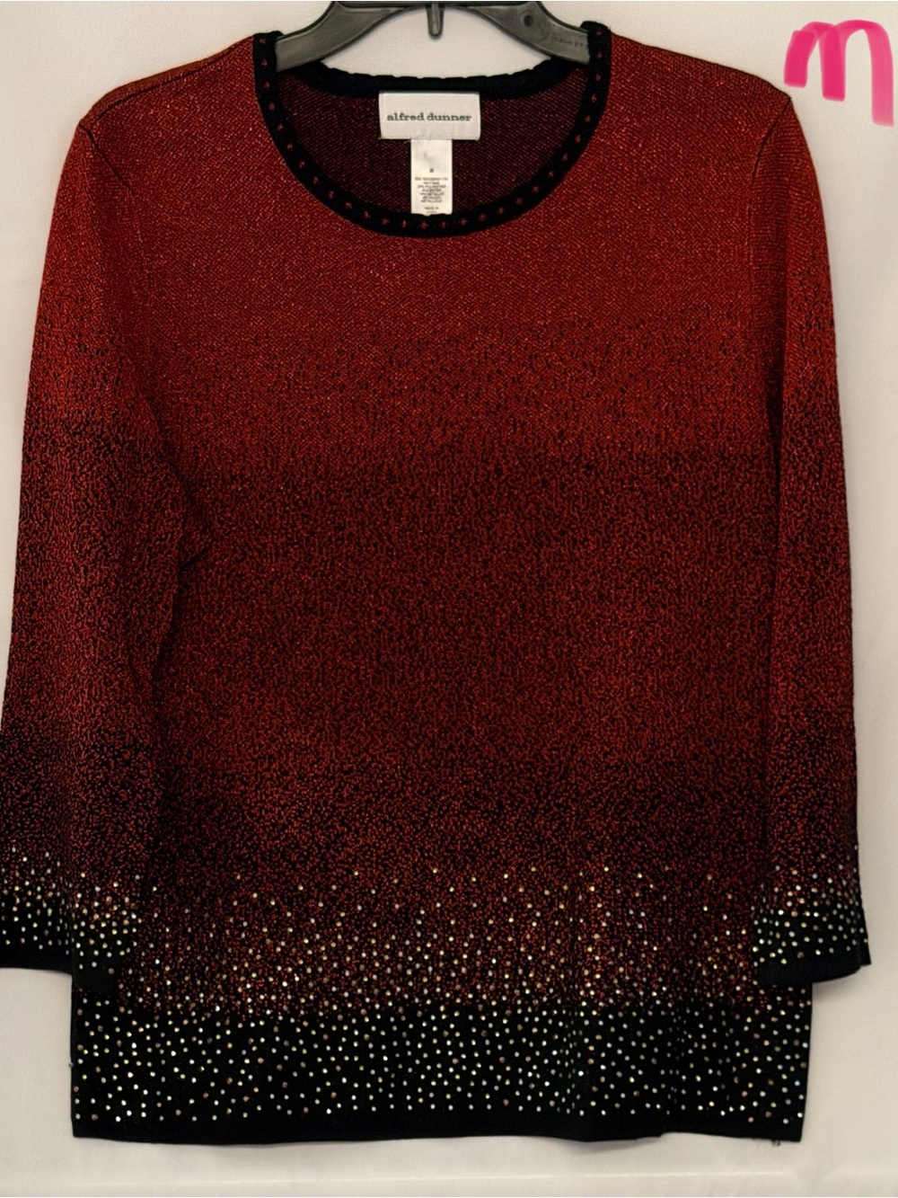 Alfred Dunner Red Ombre Long Sleeve Crewneck Sweater with Rhinestone Hem